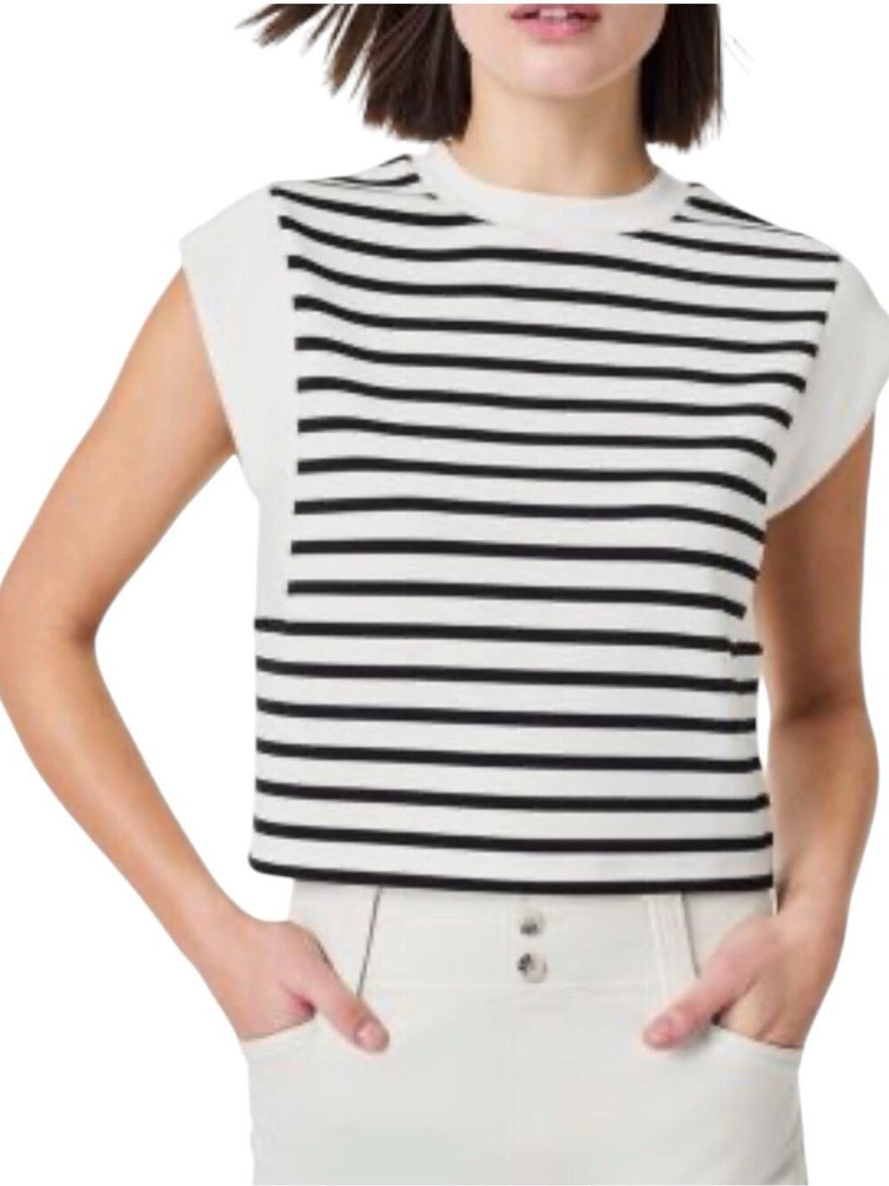 Spanx Air Essentials Crew Neck Tee Size medium Ivory and Black Stripe Cropped